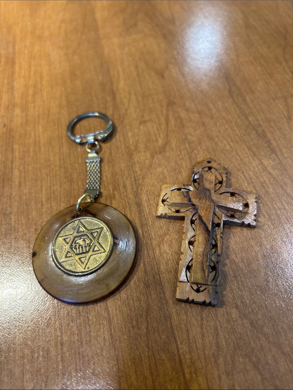 Wooden Keychain with Star of David Emblem and Bethlehem Carved Wooden Cross